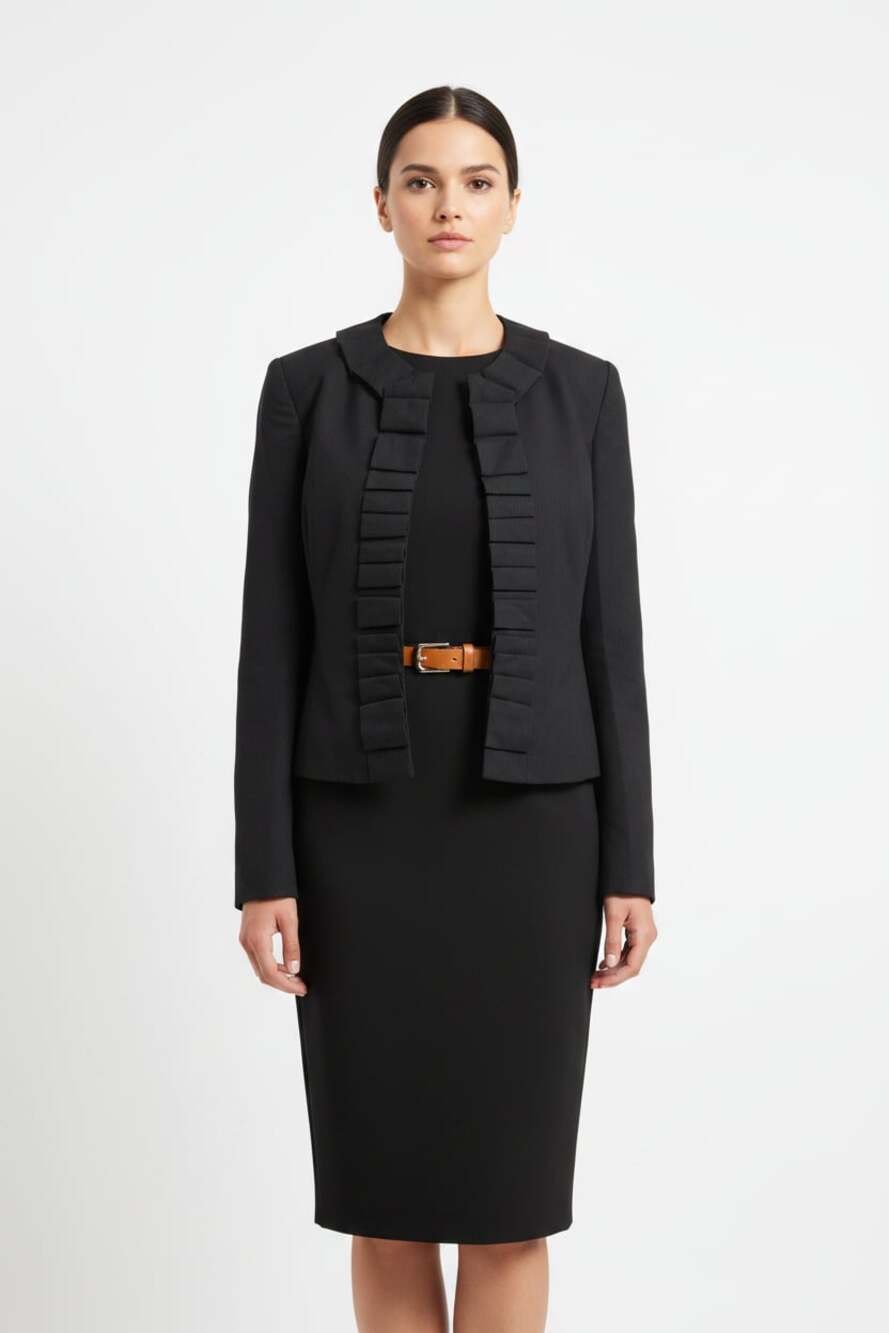 Kasper 2-Piece Pinstripe Dress & Ruffle Jacket Suit Set - Black / Grey, Size 6